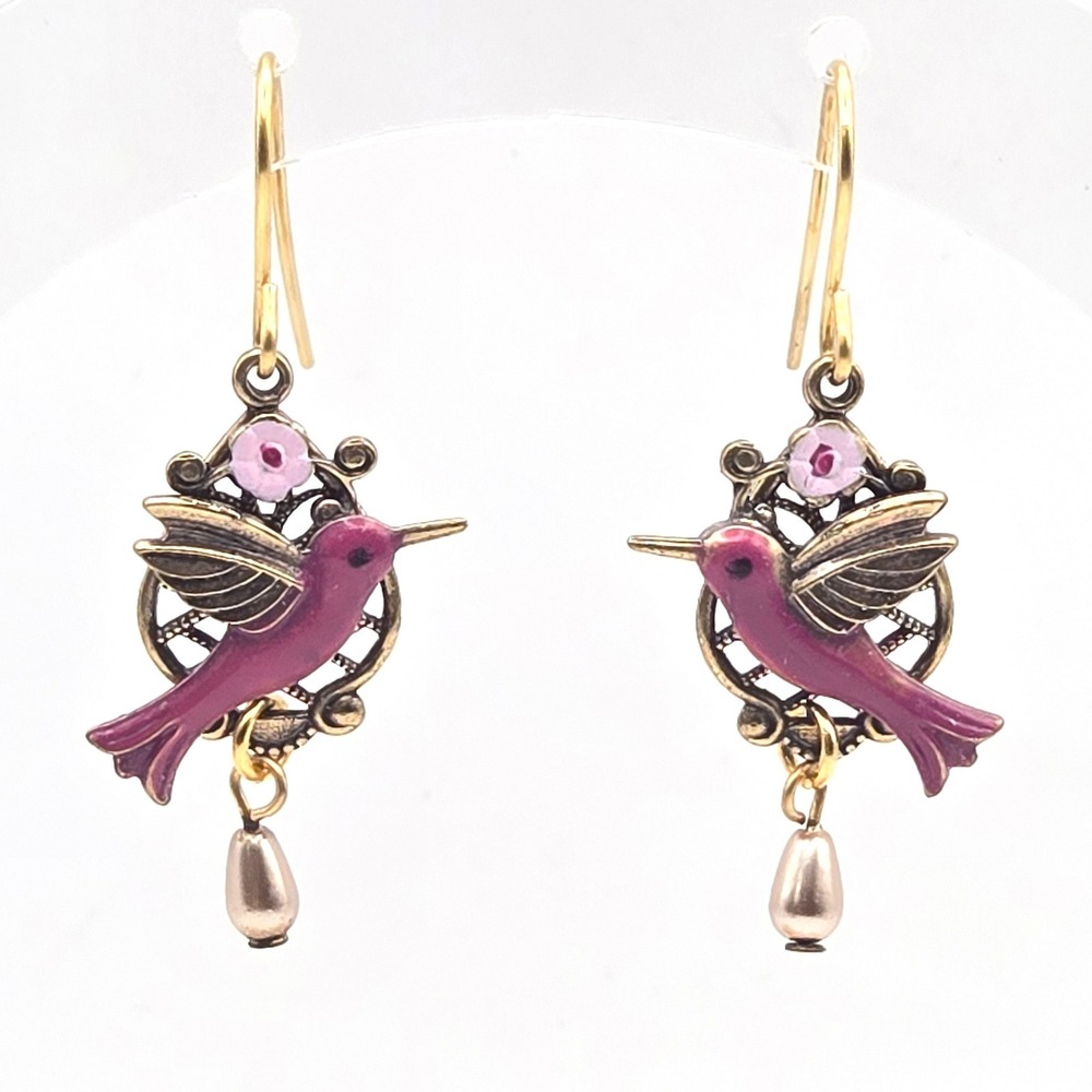 Silver Forest Hummingbird Dangle Earrings Gold Tone Pink Purple Bird‎ Faux Pearl